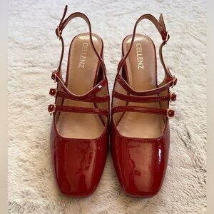 Elle Burgundy Patent Triple-Strap Slingback Mules